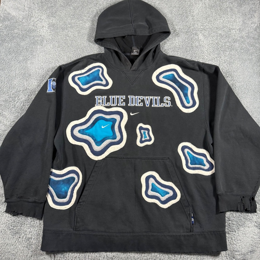 VTG Nike‎ Center Swoosh Duke Blue Devils Patchwork Hoodie Rare XL Distressed